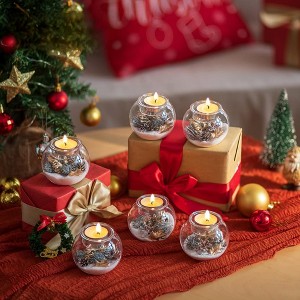 MOEPISY Christmas Tealight Candle Holders: Set of 6 Glass Ball Tea Light Candle Holder with Golden Leaves and Needles - 1 of 4