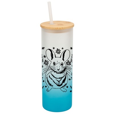 Elanze Designs Charming Springtime Mouse Sky Blue Frosted Gradient Glass Tumbler with Bamboo Lid & Straw 25 ounce Reusable Iced Coffee or Water Cup,