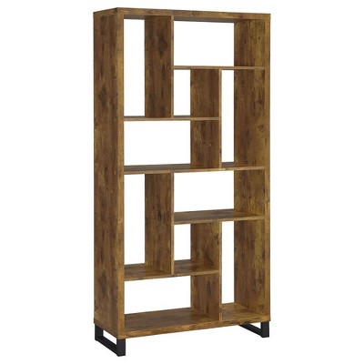 Vynxaria Antique-Style 6-Tier Rectangular Bookcase Var. Height Square/Rect Sections, Antique Nutmeg with Black Accents