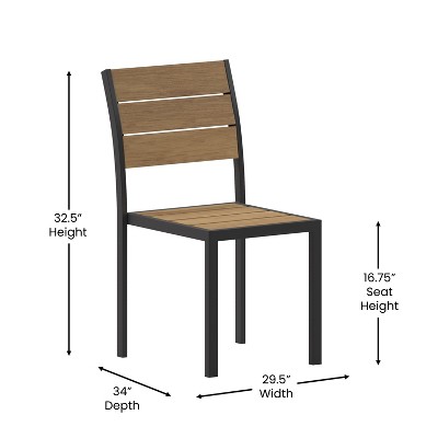 Natural Faux Teak and Gray Metal Armless Stacking Chair