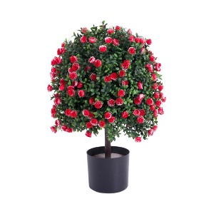 21 Inch Artificial Rose Topiary Ball Tree, Faux Potted Boxwood Topiary Plant, Faux Shrubs Green Plant with Flowers for Front Porch Backyard - 1 of 4
