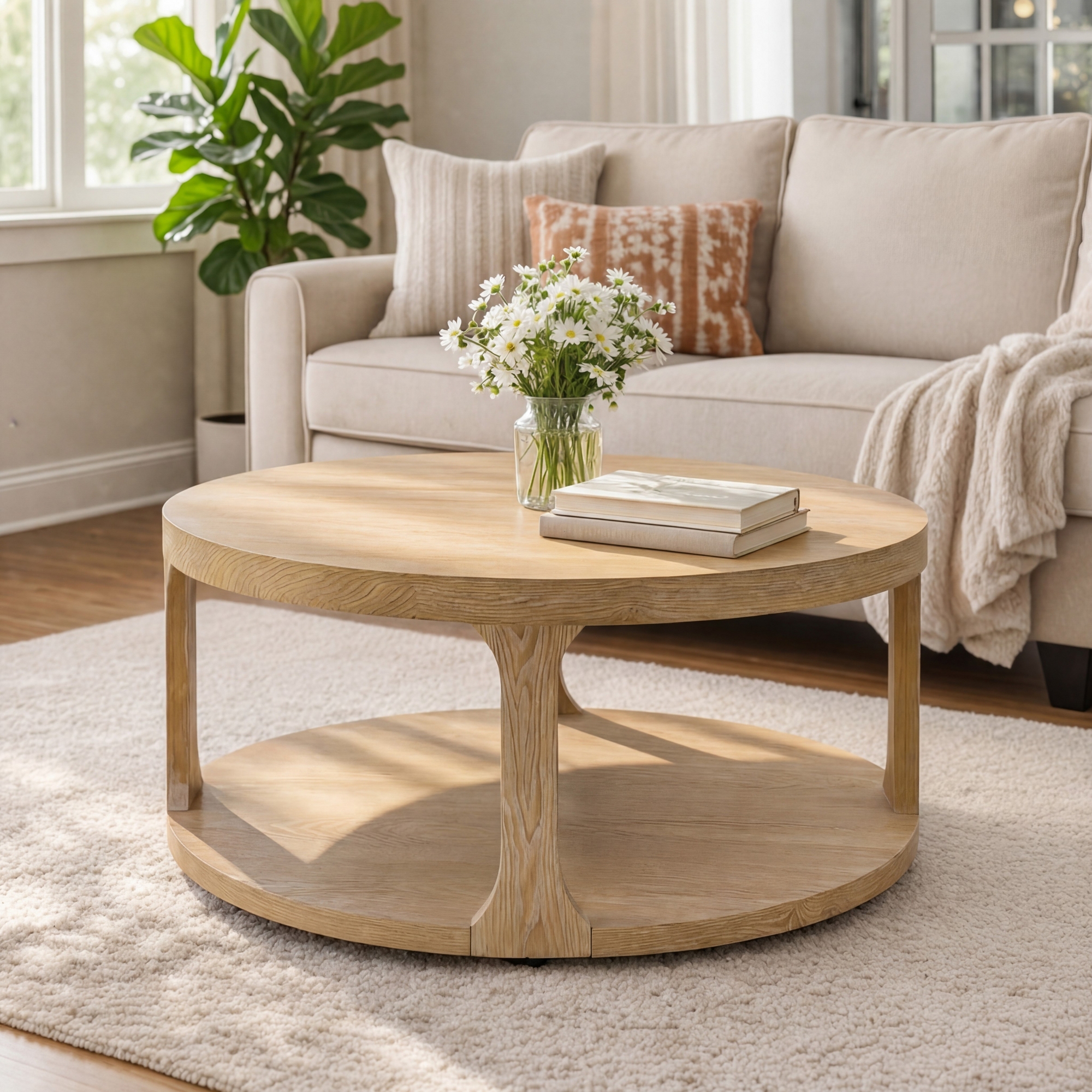 Christopher Knight Home Xochitl Farmhouse Round Wood Coffee Table with 2-Tier Storage Shelf, Natural Wood