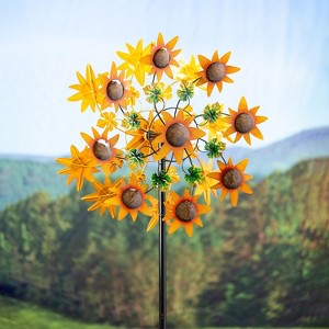 Plow & Hearth Colorful Autumn Sunflower Garden Metal Wind Spinner with Dual-Motion Rotors and Steel Pole with Ground Stakes 24" dia. x 10"D x 75"H - 1 of 4