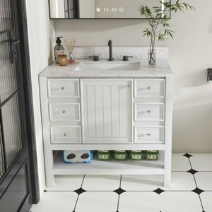 GDFStudio Alina 37" Modern Artificial Marble Carrara Bathroom Vanity with Ceramic Sink, 1 Doors and 6 Drawers - 1 of 4