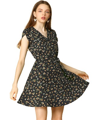 Allegra K Women's Boho Crossover V Neck Petal Sleeves Belted Floral Flowy Dress