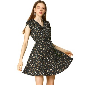 Allegra K Women's Boho Crossover V Neck Petal Sleeves Belted Floral Flowy Dress - 1 of 4