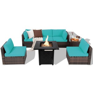 Tangkula Set of 7 Patio Furniture Set w/ 28" 50000 BTU Propane Gas Fire Pit Table Cushions - 1 of 4