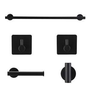 5-Pieces Matte Black Bathroom Hardware Set SUS304 Stainless Steel Round Wall Mounted - 23.62" Hand Towel Bar, Toilet Paper Holder, 3 Robe Towel Hooks - 1 of 4