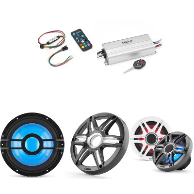 Clarion Marine 4 Channel Amp & Premium 6.5" w/ 10" Grey Grill Boat Audio Upgrade Bundle ( Includes LED Remote )