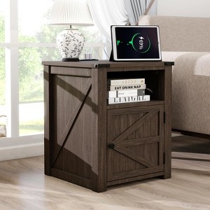 Dyonery 18" Rustic Nightstand with Chargers Dark Gray Living Room Rustic Nightstand Wooden Nightstand - 1 of 4