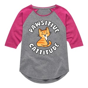 Girls' - Instant Message - Pawsitive Cattitude Shirt Tail Raglan Graphic T-shirt - 1 of 4