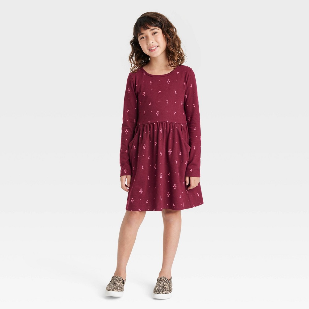 Girls' Printed Long Sleeve Knit Dress - Cat & Jack Burgundy XXL Plus, Red