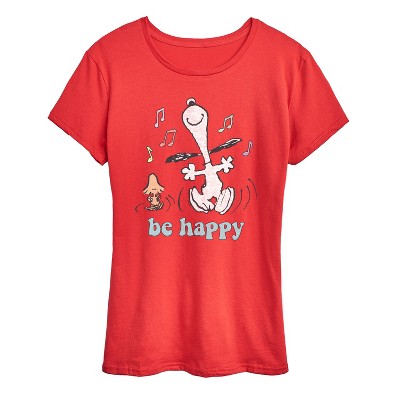 Women's - Peanuts - Be Happy Snoopy And Woodstock Short Sleeve Graphic T-Shirt