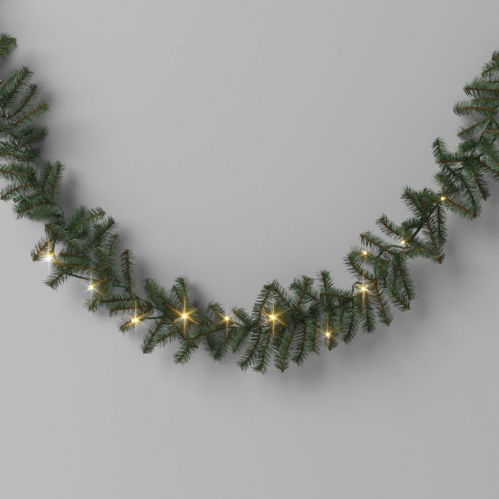9' Christmas Pre-Lit Artificial Pine Bough Garland Green with LED Lights - Wondershop™
