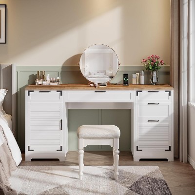 Tribesigns 59-Inch Vanity Desk with 5 Drawers, Modern Makeup Table with Charging Station, Dressing Table for Bedroom (No Mirror)