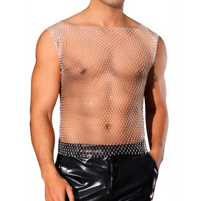 INSPIRE CHIC Men's Festival Fishnet Sheer Sparkly Rhinestone Tank Tops