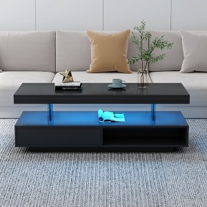 Sapphtopaz Modern Coffee Table with Glass Display Shelves & 2 Storage Drawers Rectangle Center Table with LED Accent Coffee Bar for Living Room - 1 of 4