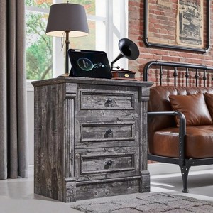 Nightstand with Charging Station & 3 Drawers, Farmhouse 23.6in Wide Nightstands with Roman Column, End Table for Bedroom - 1 of 4