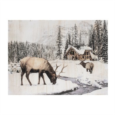 Wooden Winter Reindeer and Lodge Plaque 17.5"H