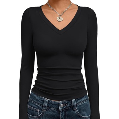 Fashion V Neck Slim Fitted Long Sleeve Crop Tops Y2K Basics Outfits Clothes Women's 2025 Fall