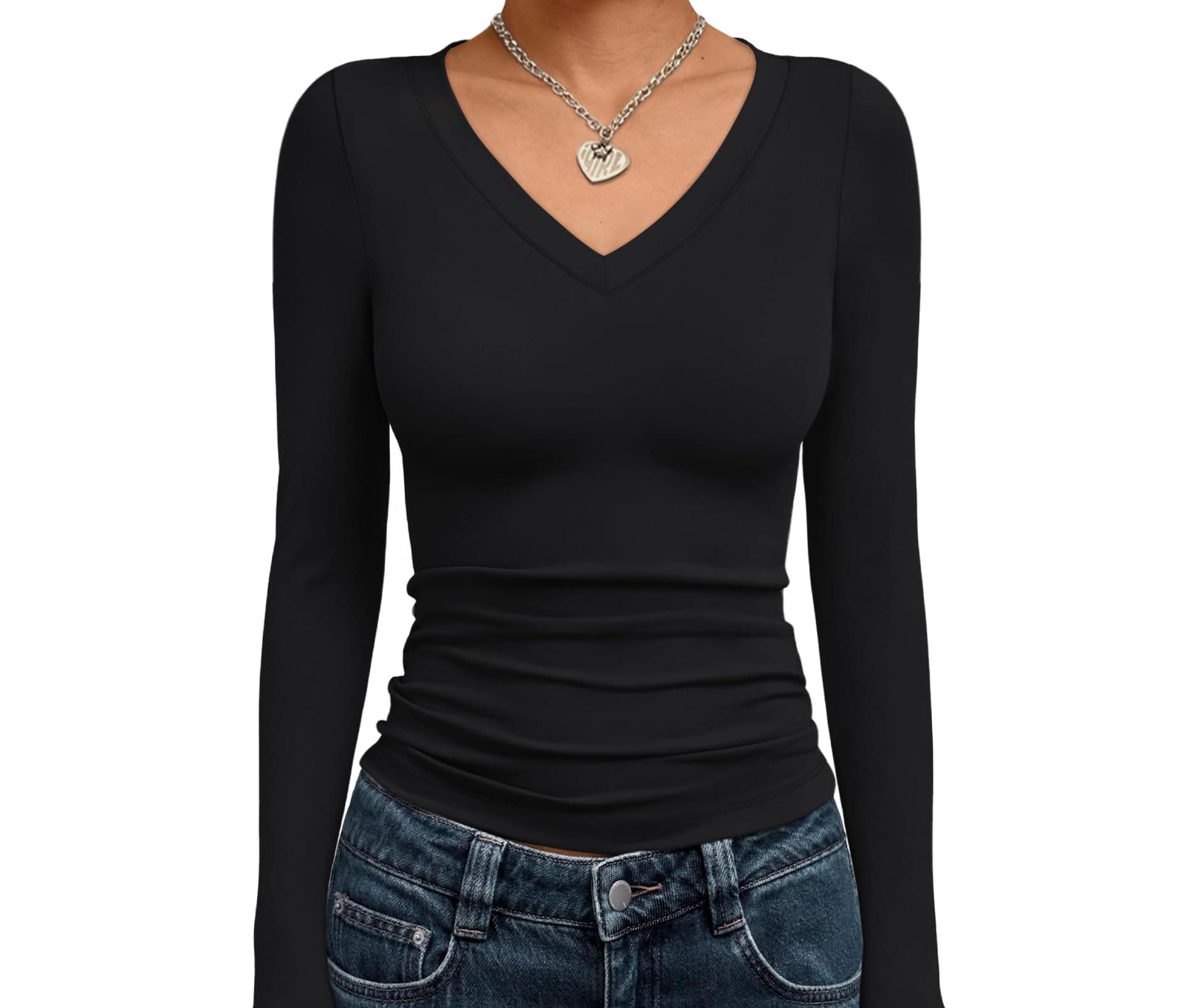Fashion V Neck Slim Fitted Long Sleeve Crop Tops Y2K Basics Outfits Clothes Women's 2025 Fall
