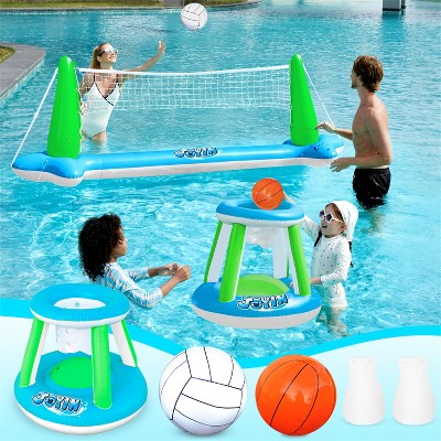 Joyfy Inflatable Volleyball Net & Basketball Hoop Pool Float Set with Balls - Perfect Summer Pool Games for Kids & Adults Beach Parties & Backyard Fun