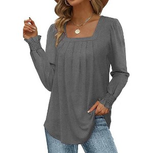 Zeagoo Long Sleeve Shirts for Women Square Neck Pleated Tunic Tops Loose Fit Fashion Blouses - 1 of 4