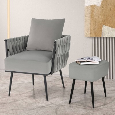 Gray Velvet Barrel Accent Chair with Metal Legs and Ottoman