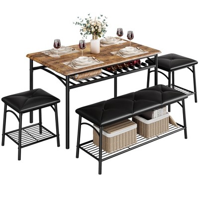 Dining Table with Benches, Kitchen Table Set for 4, Dining Room Table Set with Upholstered Bench and Square Stools
