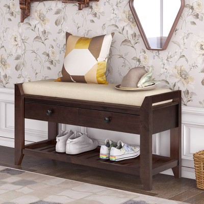 Entryway Storage Bench with Cushioned Seat, Shoe Rack and Drawers  White-ModernLuxe