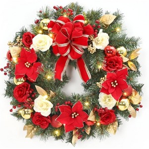 TackView 24" Christmas Wreath with Red Bow, Artificial Flowers & Xmas Balls for Fireplace Wall Window Door Tabletop Holiday Decoration - 1 of 4