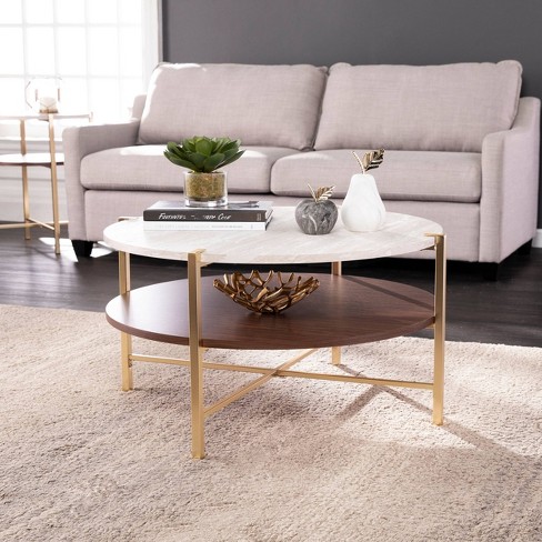 Amelia Round Faux Marble Tail Table, Brass Marble Side Table