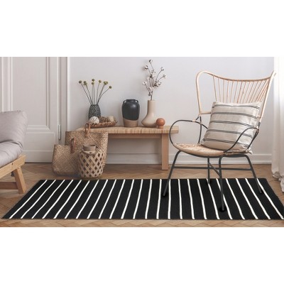 Handmade Black Stripe Synthetic 8' x 10' Flat Woven Reversible Rug