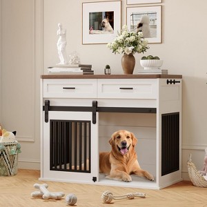 42" Dog Crate Furniture with Storage, Wooden Kennel End Table, Barn Doors - 1 of 4