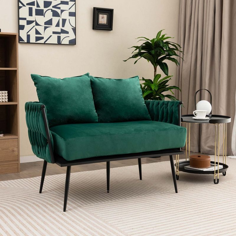 Costway Modern Loveseat Sofa Upholstered Dutch Velvet Couch with Woven Back & Arms Green/Grey, 2 of 11