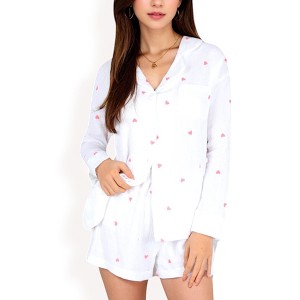 Anna-Kaci Lounge Women's Heart Print 2-Piece Pajama Set with Long Sleeve Button-Up Shirt and Relaxed Fit Elastic Waist Shorts - 1 of 4