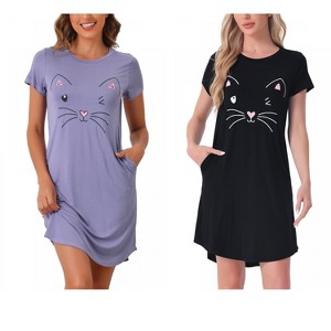 INSPIRE CHIC Women's 2 Pcs Cats Printing Pajamas Cute Printed Sleep Dress Short Sleeve Nightgowns - 1 of 4