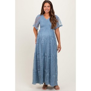 PinkBlush Blue Smocked Top Lace Maternity Maxi Dress Small