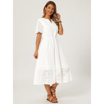 Женские платья INSPIRE CHIC Women's Lace Eyelet Summer V Neck Short Flutter Sleeve Flowy Beach A Line Midi Dress X-Large White — фото 2
