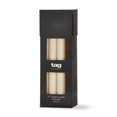 TAG Color Studio 10" Straight Taper Unscented Smokeless Paraffin Wax Candle Ivory, Burn Time 10 hrs. Set 12