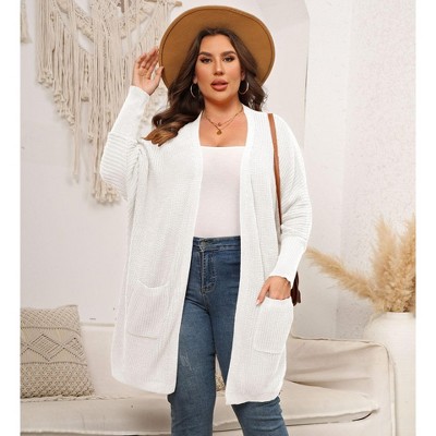 Coolmee Womens Plus Size Cardigan Long Sleeves Mid Length Knit Sweater Open Front Casual Coat With Pockets