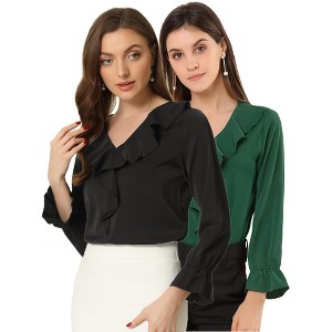 INSPIRE CHIC Women's Office Work Ruffle V Neck Long Sleeve Chiffon Peasant Blouse 2 Packs - 1 of 4
