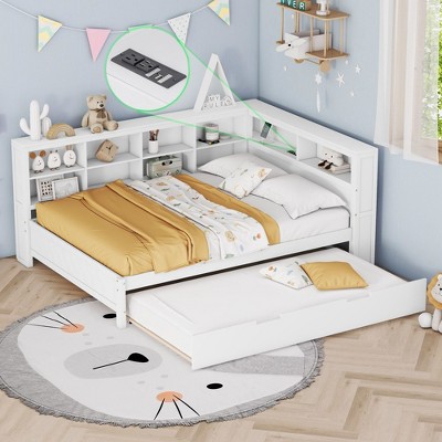 NicBex Twin/Full Size Daybed with Twin Size Trundle,Wood Day Bed Frame with Storage Shelves and USB Charging Ports