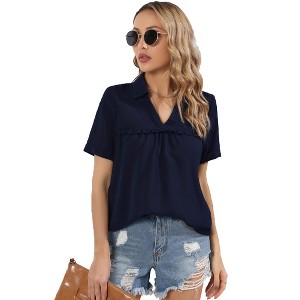 Women's V Neck Tops Summer Short Sleeve Solid Color T-shirts Casual Blouses - 1 of 4