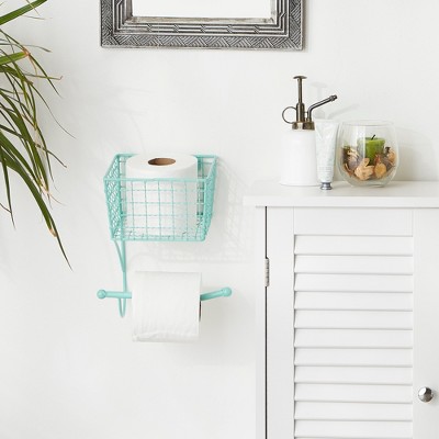 Aqua Metal Farmhouse Wall-Mounted Toilet Paper Holder with Storage Basket