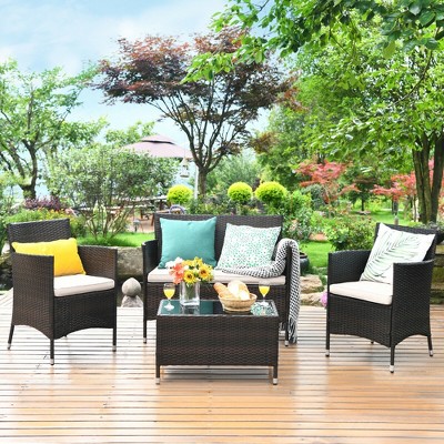 Costway 4PCS Rattan Patio Furniture Set Sofa Chair Coffee Table w/Cushion Outdoor