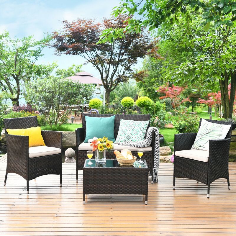 Costway 4PCS Rattan Patio Furniture Set Sofa Chair Coffee Table w/Cushion Outdoor, 1 of 11