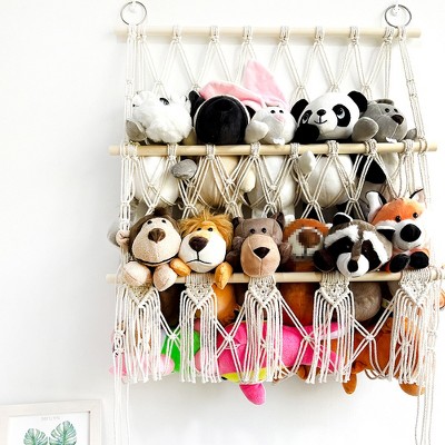 Filling animal storage hammock, 2-story wooden plush toy rack, hanging toy storage rack, kindergarten game room, bedroom
