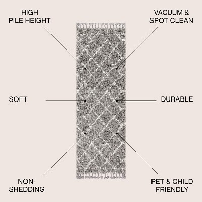 Grey and Cream Moroccan Geometric Trellis Shag Runner Rug