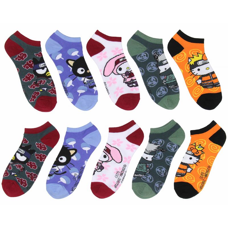 Hello Kitty X Naruto Character Mash-Up Ankle No-Show Socks 5 Pair Pack Multicoloured, 1 of 5